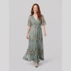 Melisande | Floral Embroidered Sheer Evening Gown by Vera Noir – in sage green