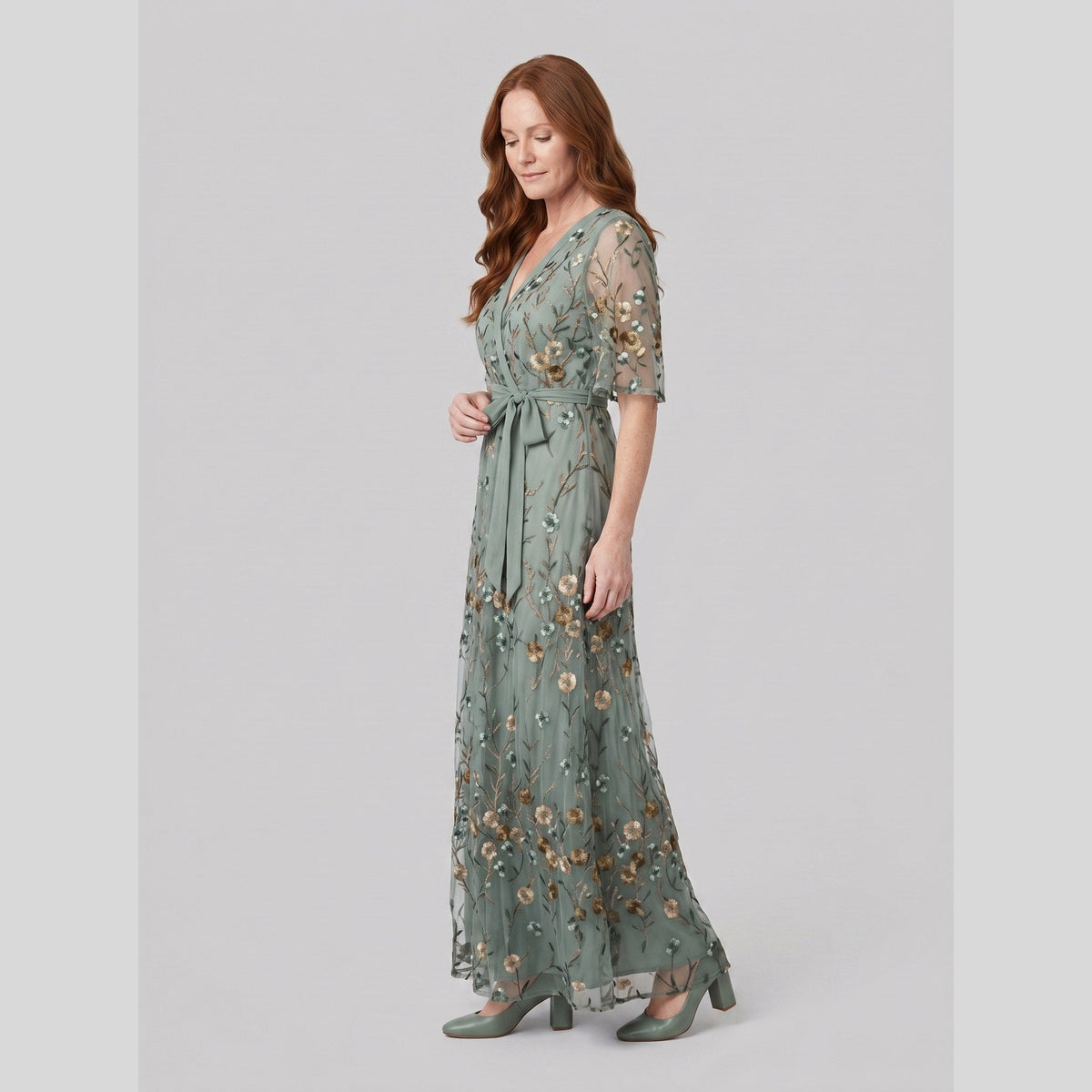 Melisande | Floral Embroidered Sheer Evening Gown by Vera Noir – side view