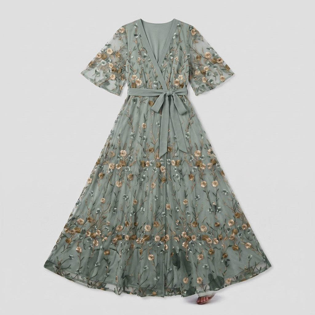Melisande | Floral Embroidered Sheer Evening Gown by Vera Noir – front view