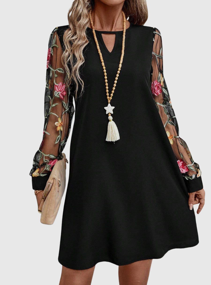 Neravira plunge-neck dress with sheer sleeves, front view