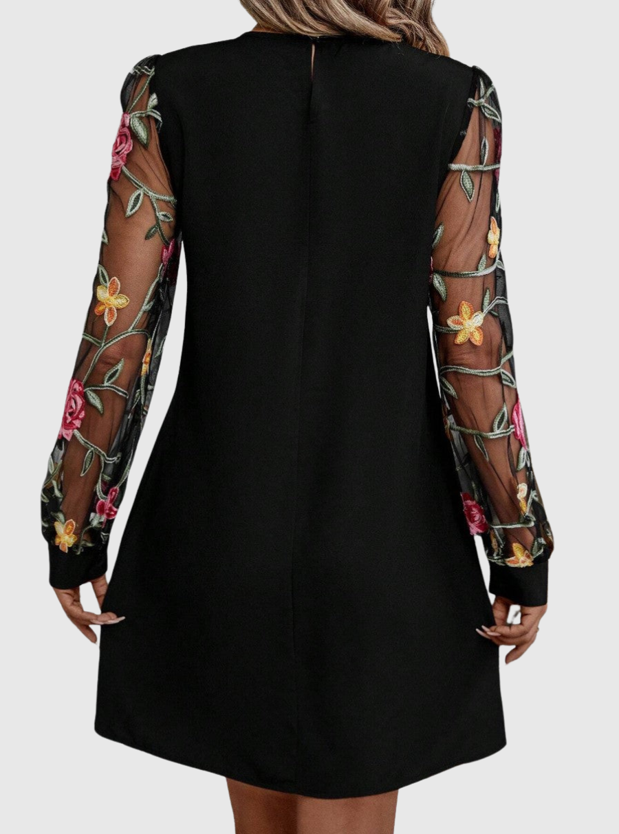 Neravira plunge-neck dress with sheer sleeves, detail view