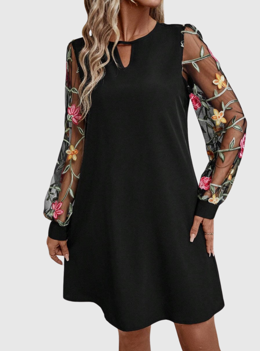 Neravira plunge-neck dress with sheer sleeves, close-up