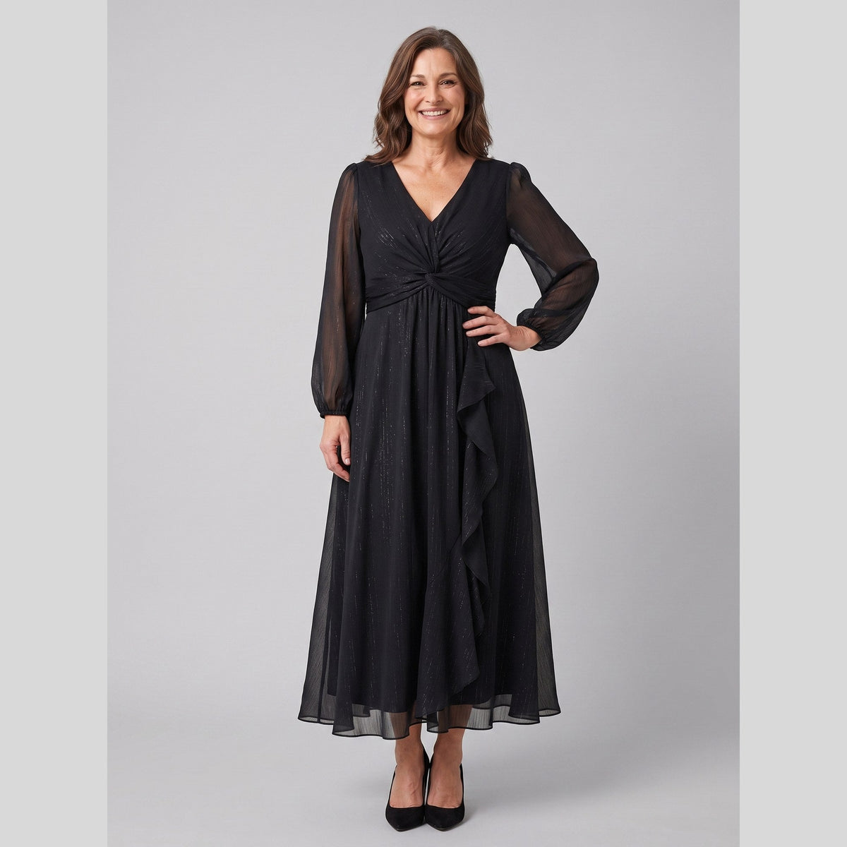 Noor | Twist-Knot Chiffon Dress by Vera Noir – in black