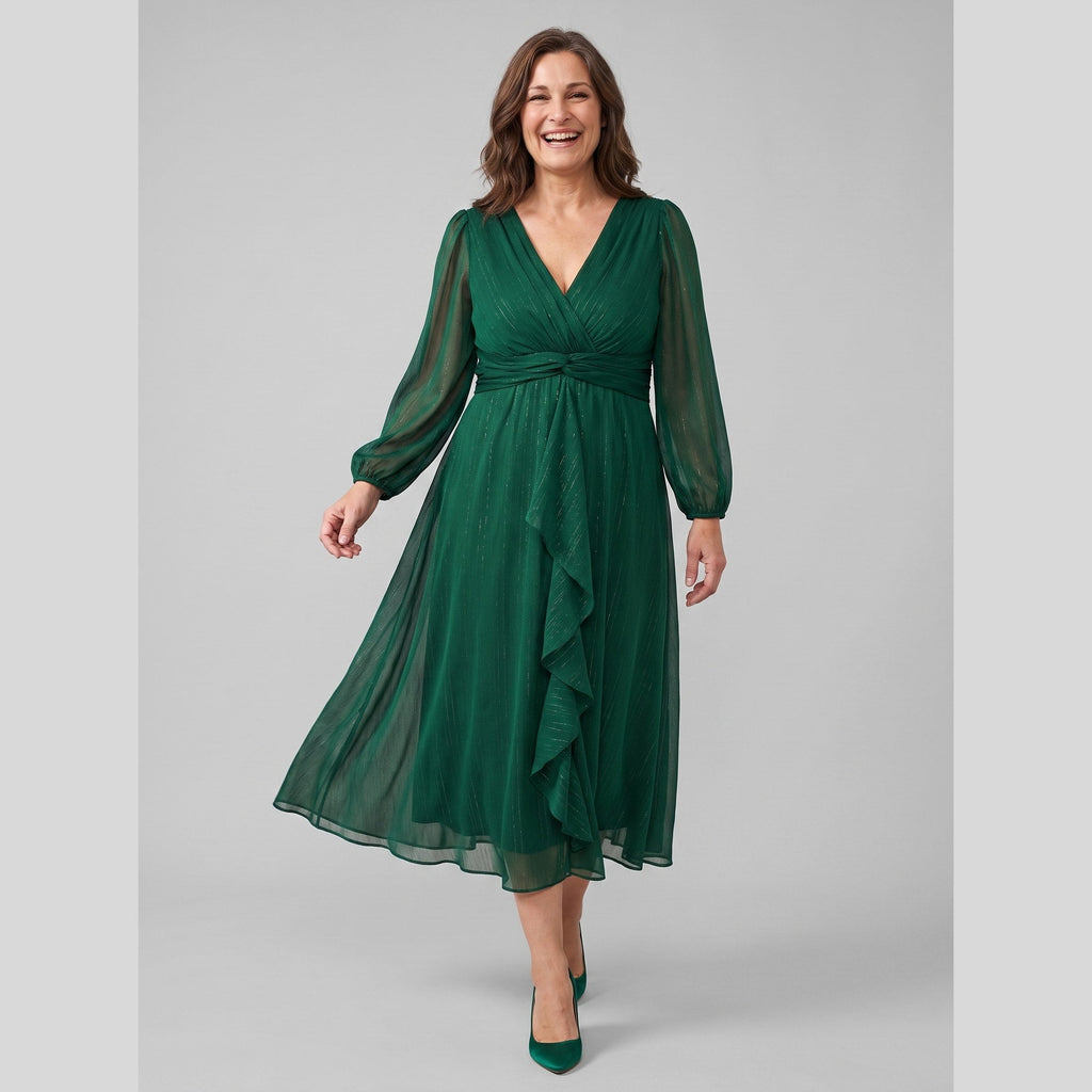 Noor | Twist-Knot Chiffon Dress by Vera Noir – in dark green