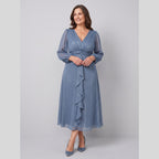 Noor | Twist-Knot Chiffon Dress by Vera Noir – in dusty blue