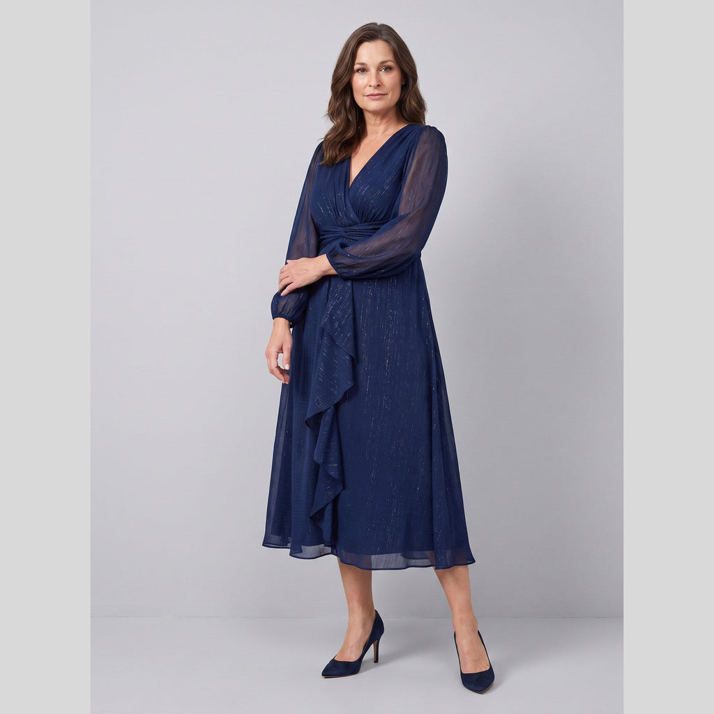 Noor | Twist-Knot Chiffon Dress by Vera Noir – in navy blue