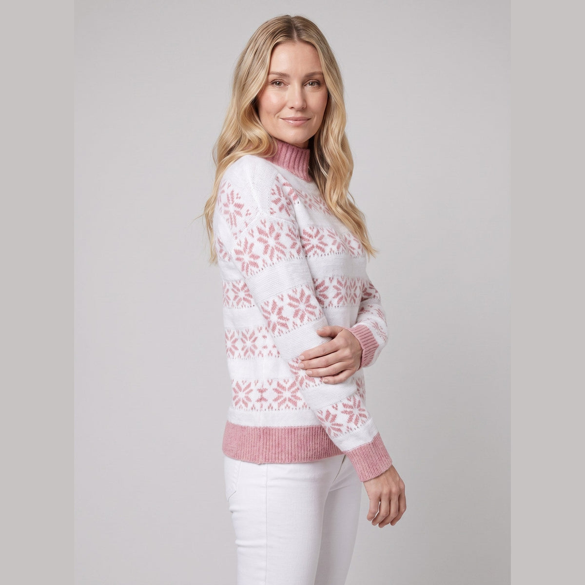 Nordic Snowflake Knit Sweater in pink – front view