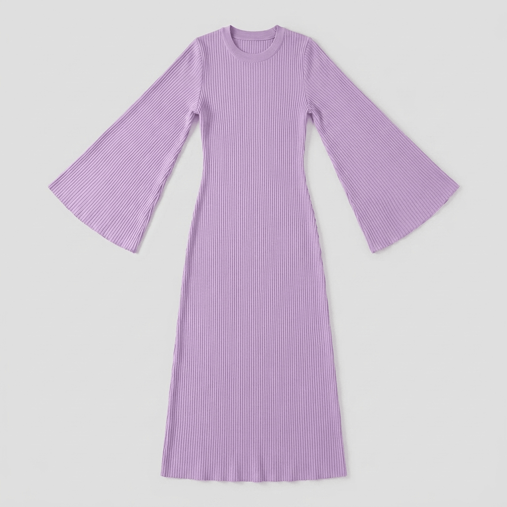 Nori | Ribbed Knit Maxi Dress with Bell Sleeves by Vera Noir – detail view