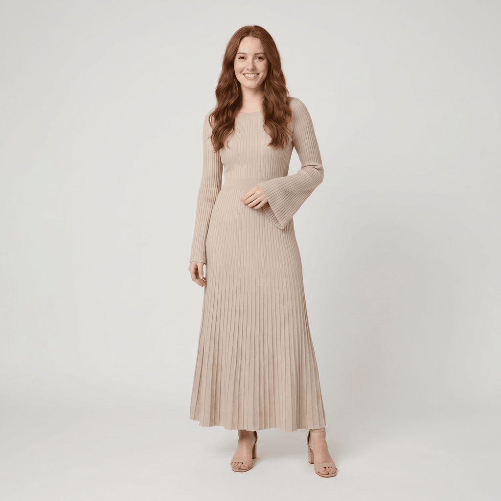 Nori | Ribbed Knit Maxi Dress with Bell Sleeves by Vera Noir – in beige