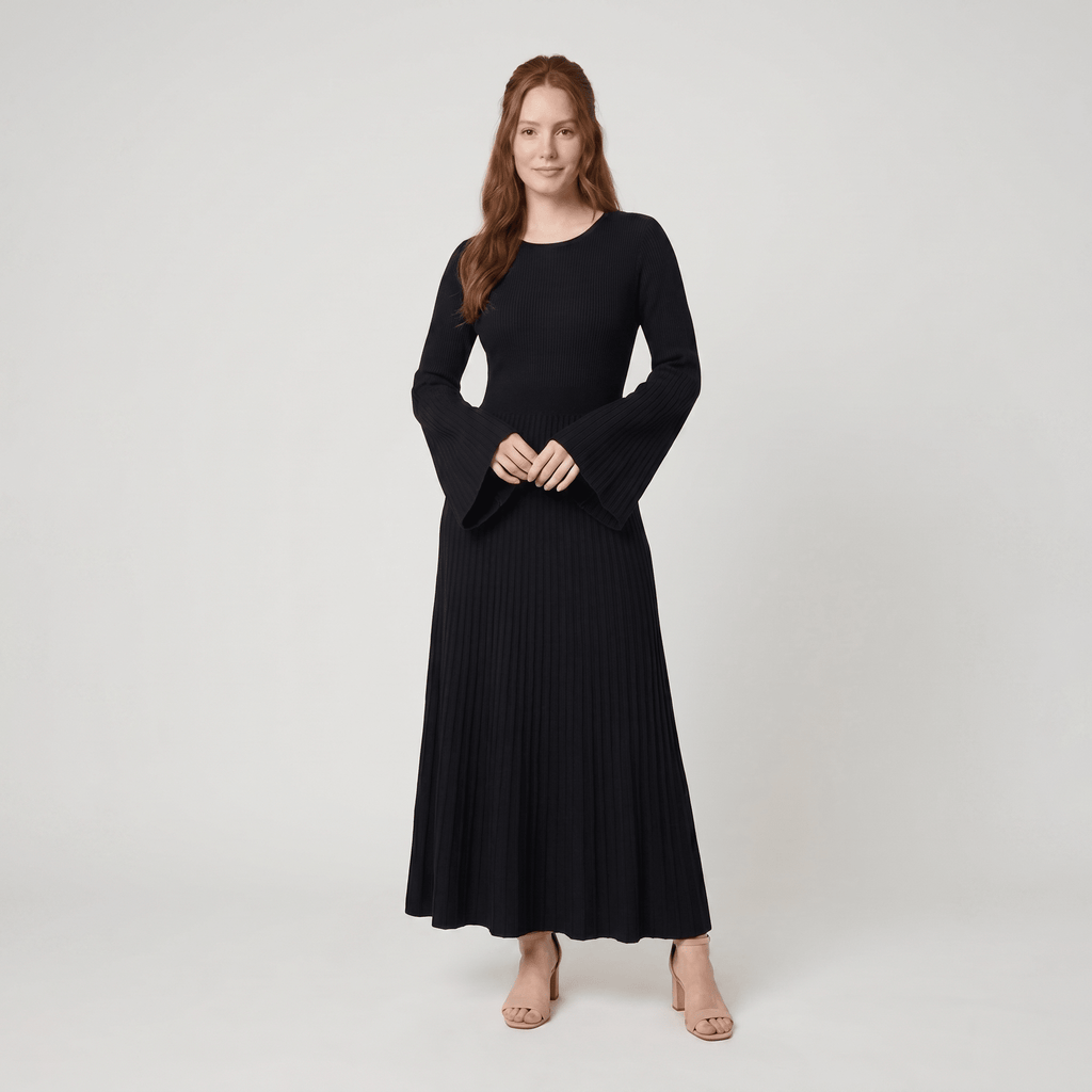 Nori | Ribbed Knit Maxi Dress with Bell Sleeves by Vera Noir – in black