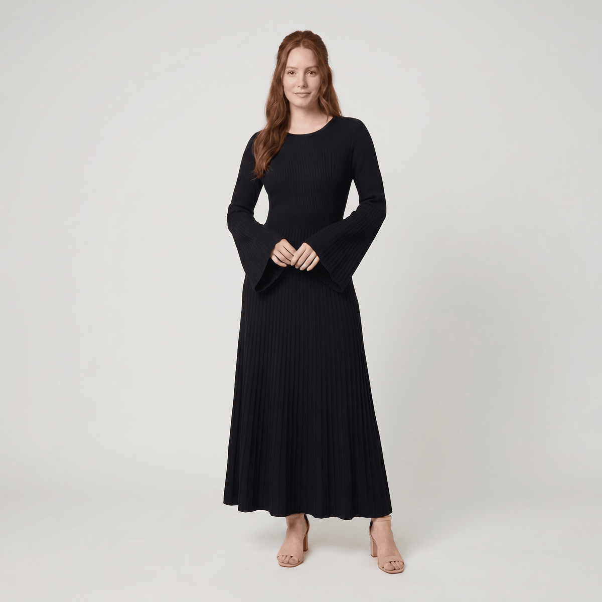 Nori | Ribbed Knit Maxi Dress with Bell Sleeves by Vera Noir – in black