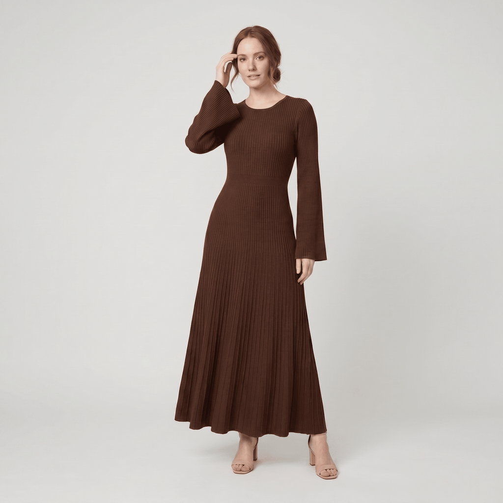 Nori | Ribbed Knit Maxi Dress with Bell Sleeves by Vera Noir – in brown