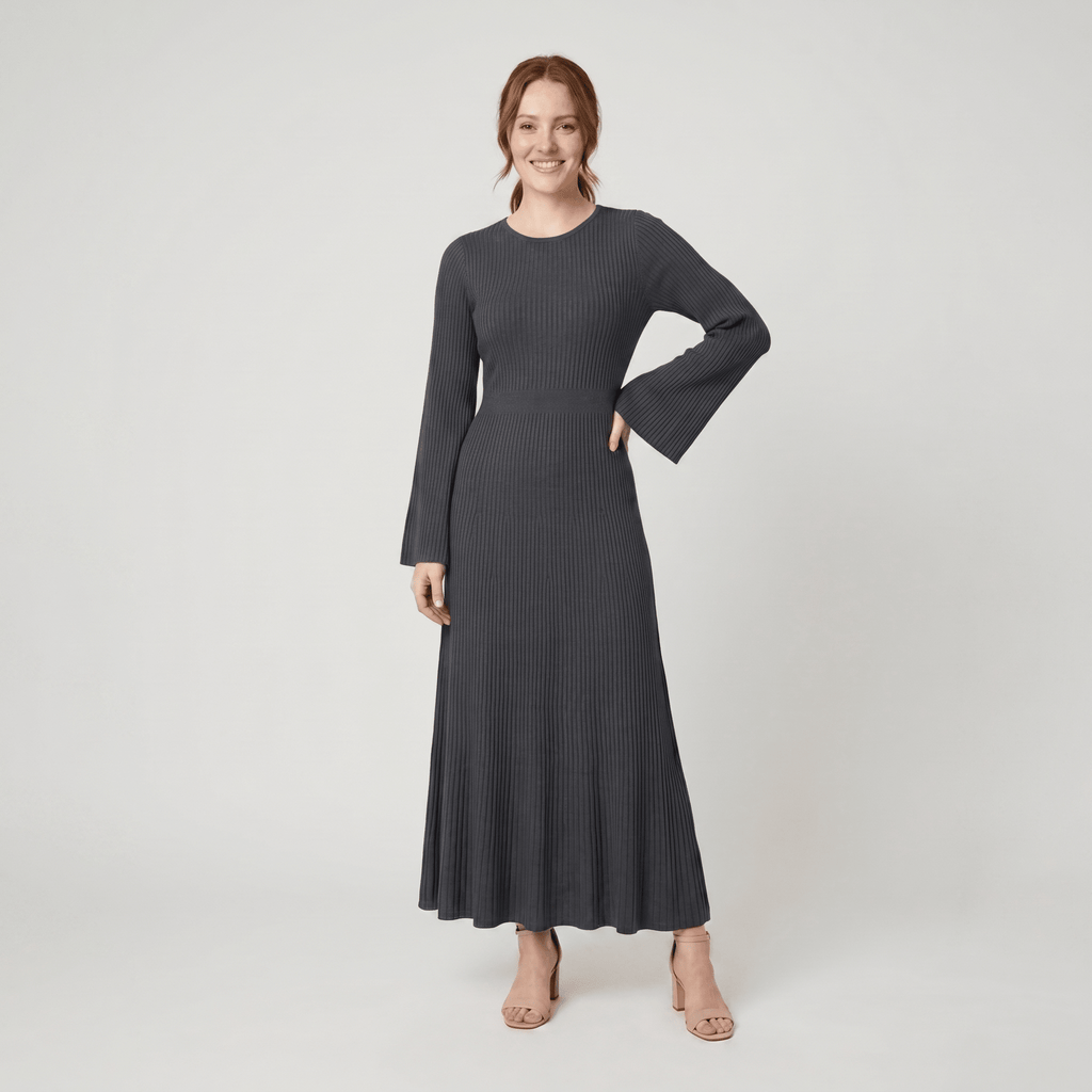 Nori | Ribbed Knit Maxi Dress with Bell Sleeves by Vera Noir – in dark grey