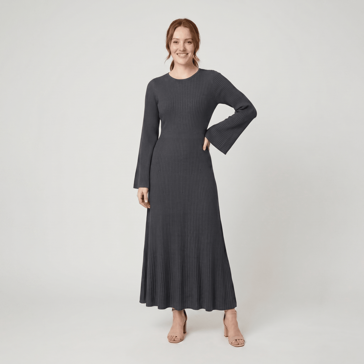Nori | Ribbed Knit Maxi Dress with Bell Sleeves by Vera Noir – in dark grey