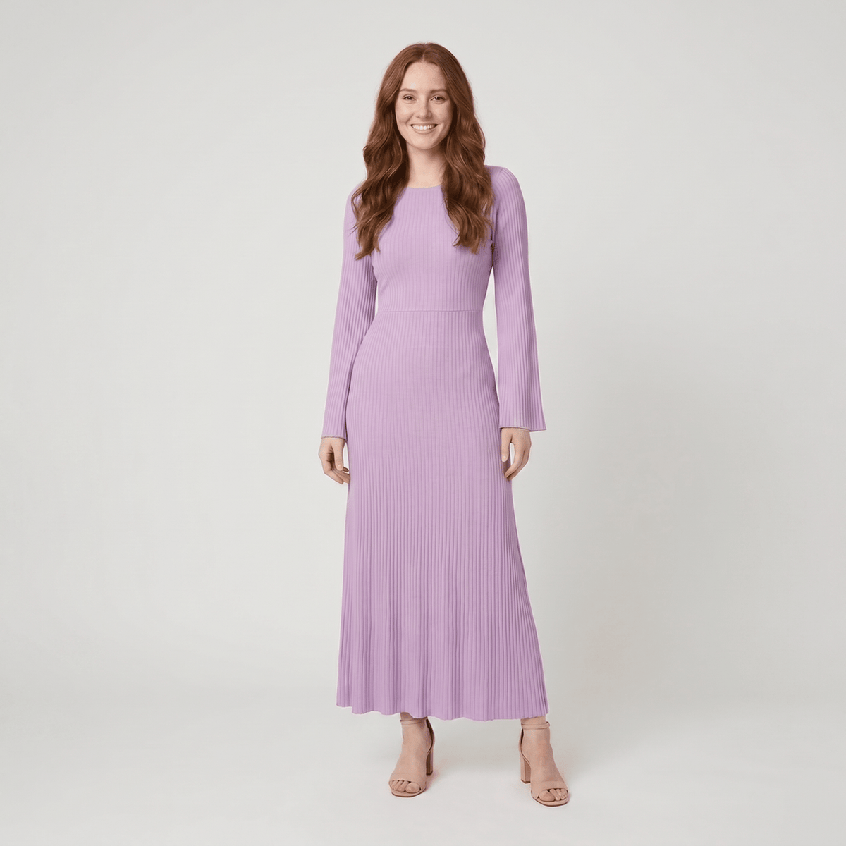 Nori | Ribbed Knit Maxi Dress with Bell Sleeves by Vera Noir – in violet