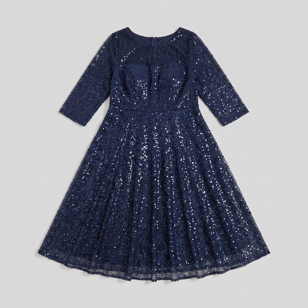 Novara | Sequin Lace Tea-Length Dress by Vera Noir – front view