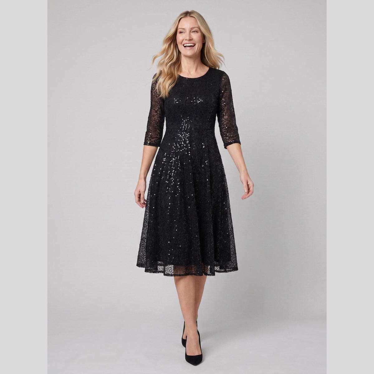 Novara | Sequin Lace Tea-Length Dress by Vera Noir – in black