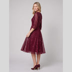 Novara | Sequin Lace Tea-Length Dress by Vera Noir – in burgundy