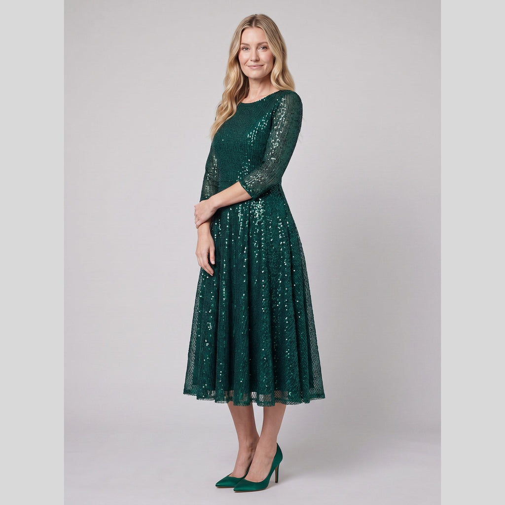 Novara | Sequin Lace Tea-Length Dress by Vera Noir – in dark green