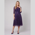 Novara | Sequin Lace Tea-Length Dress by Vera Noir – in dark purple