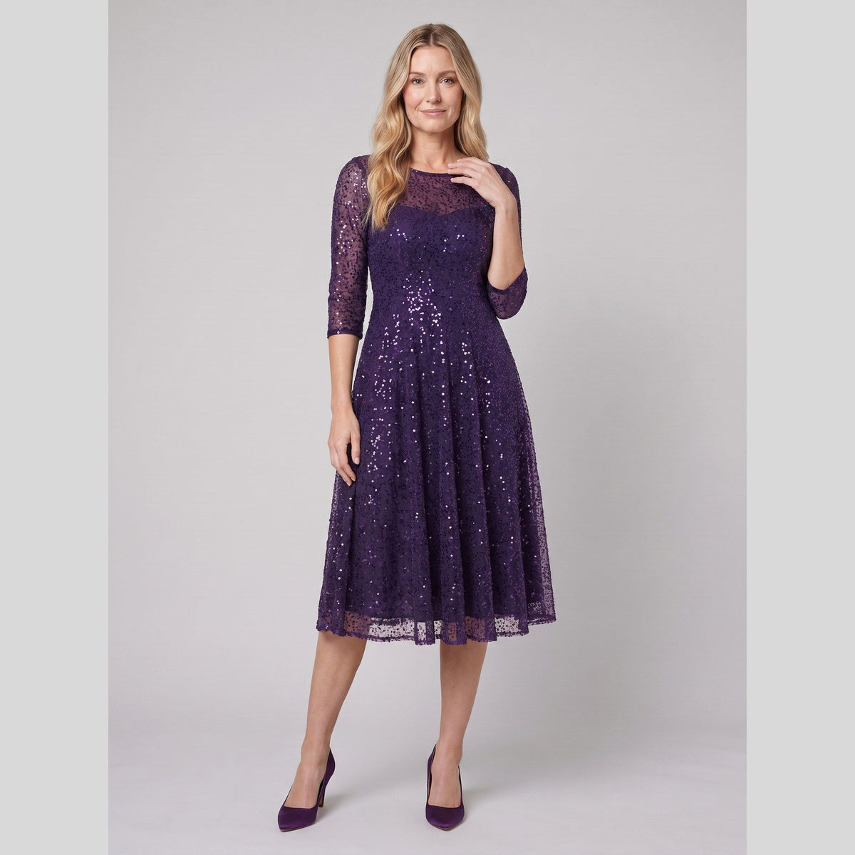 Novara | Sequin Lace Tea-Length Dress by Vera Noir – in dark purple