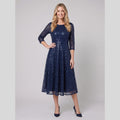 Novara | Sequin Lace Tea-Length Dress by Vera Noir – in navy blue