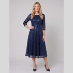 Novara | Sequin Lace Tea-Length Dress by Vera Noir – in navy blue