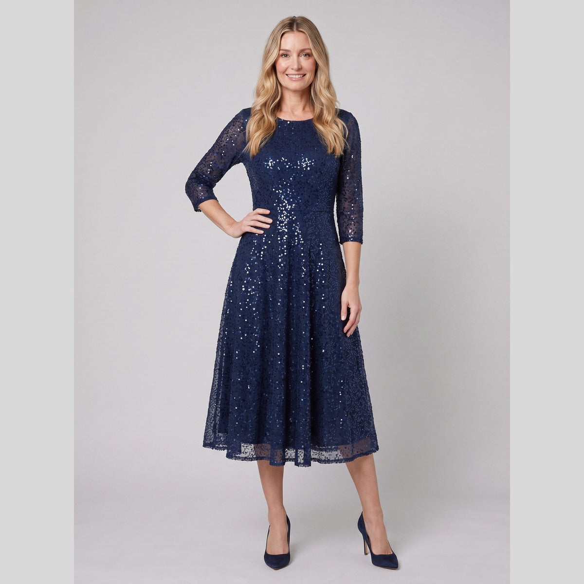 Novara | Sequin Lace Tea-Length Dress by Vera Noir – in navy blue