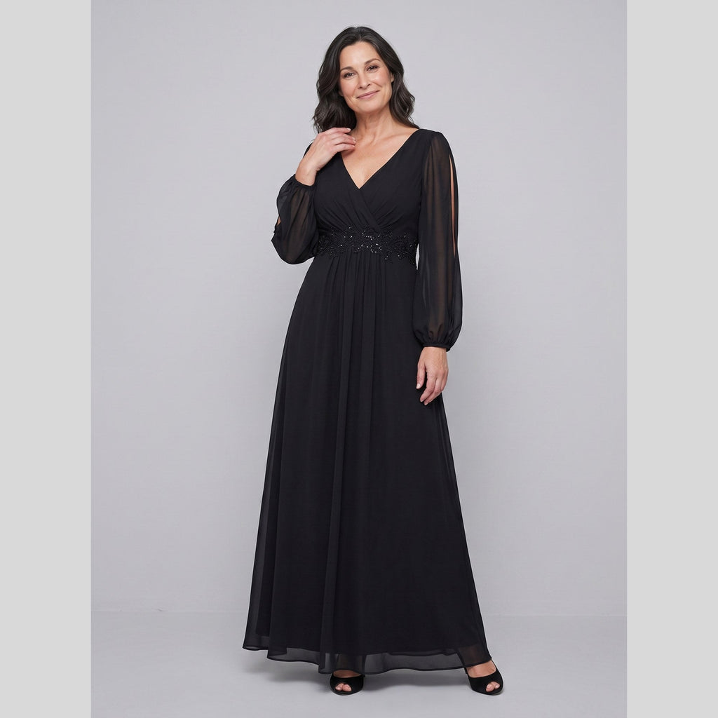 Odile | Chiffon Gown with Beaded Waist by Vera Noir – in black