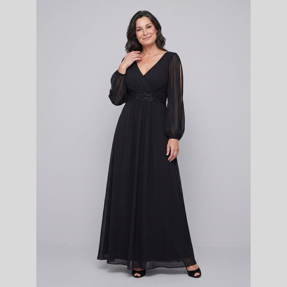 Odile | Chiffon Gown with Beaded Waist by Vera Noir – in black