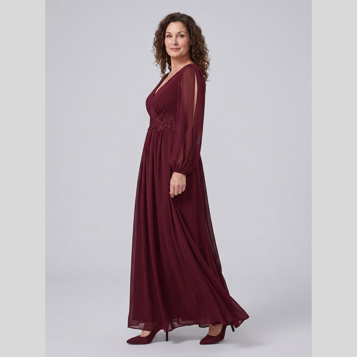 Odile | Chiffon Gown with Beaded Waist by Vera Noir – in burgundy