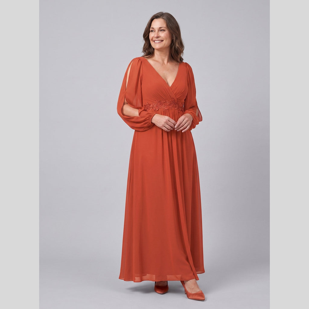 Odile | Chiffon Gown with Beaded Waist by Vera Noir – in burnt orange