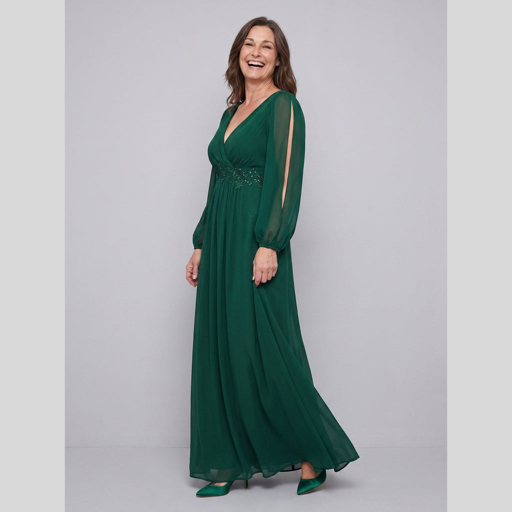 Odile | Chiffon Gown with Beaded Waist by Vera Noir – in dark green