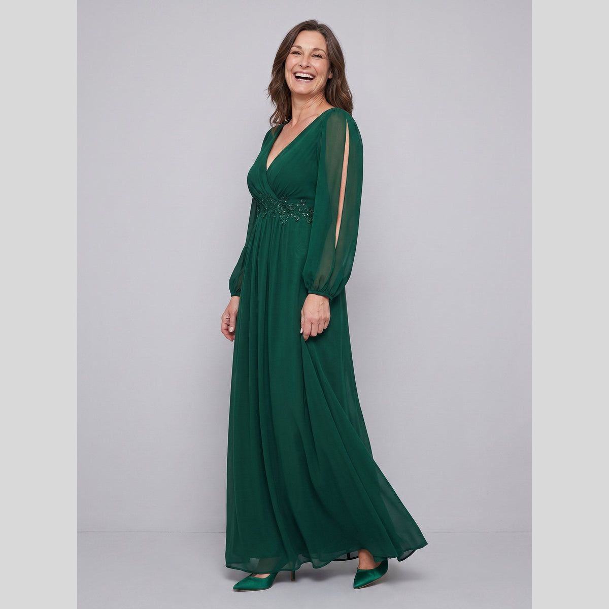 Odile | Chiffon Gown with Beaded Waist by Vera Noir – in dark green