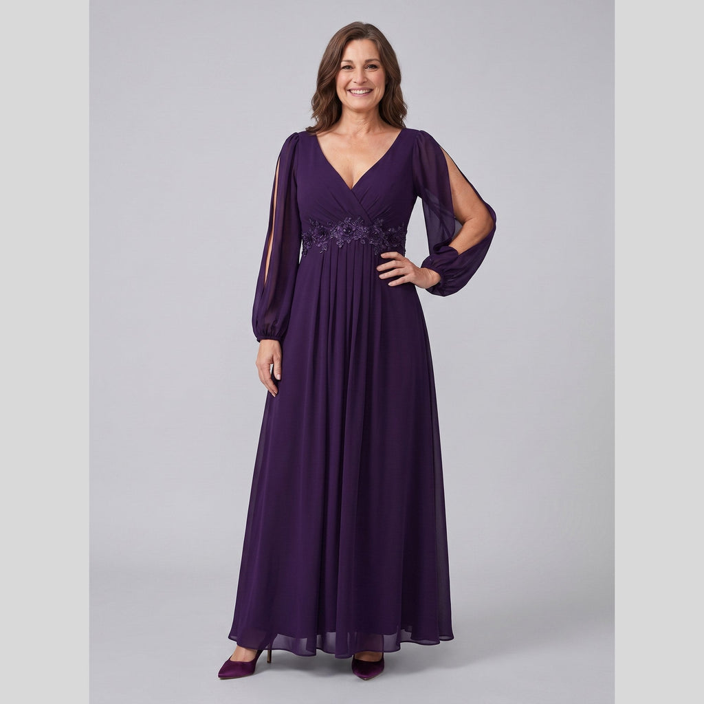Odile | Chiffon Gown with Beaded Waist by Vera Noir – in dark purple