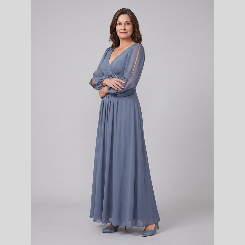 Odile | Chiffon Gown with Beaded Waist by Vera Noir – in dusty blue