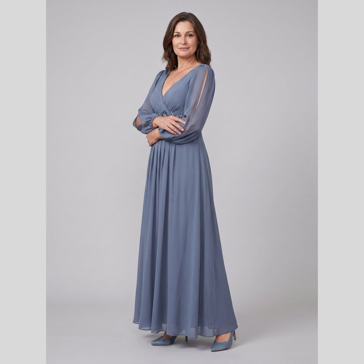 Odile | Chiffon Gown with Beaded Waist by Vera Noir – in dusty blue