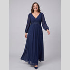 Odile | Chiffon Gown with Beaded Waist by Vera Noir – in navy blue