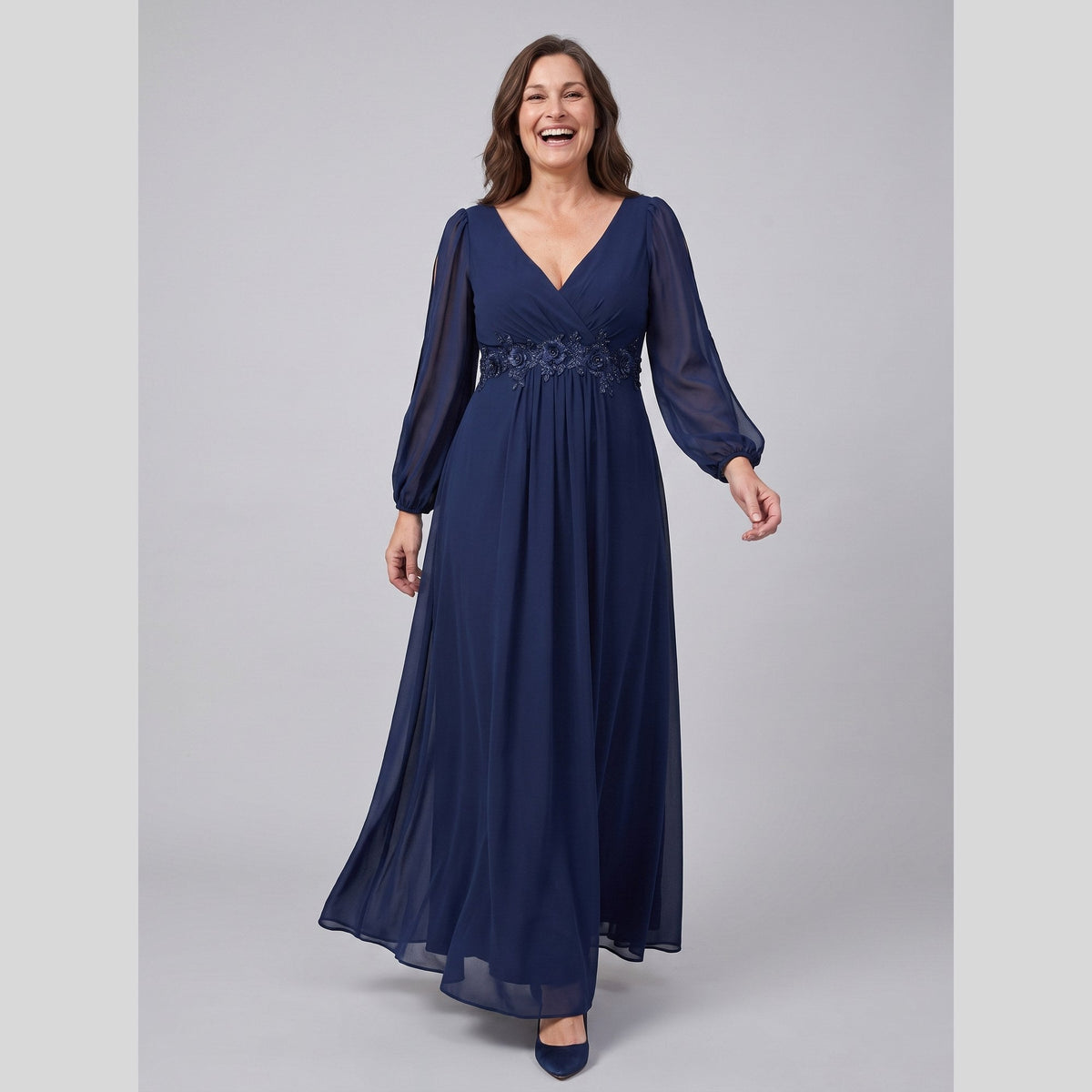 Odile | Chiffon Gown with Beaded Waist by Vera Noir – in navy blue