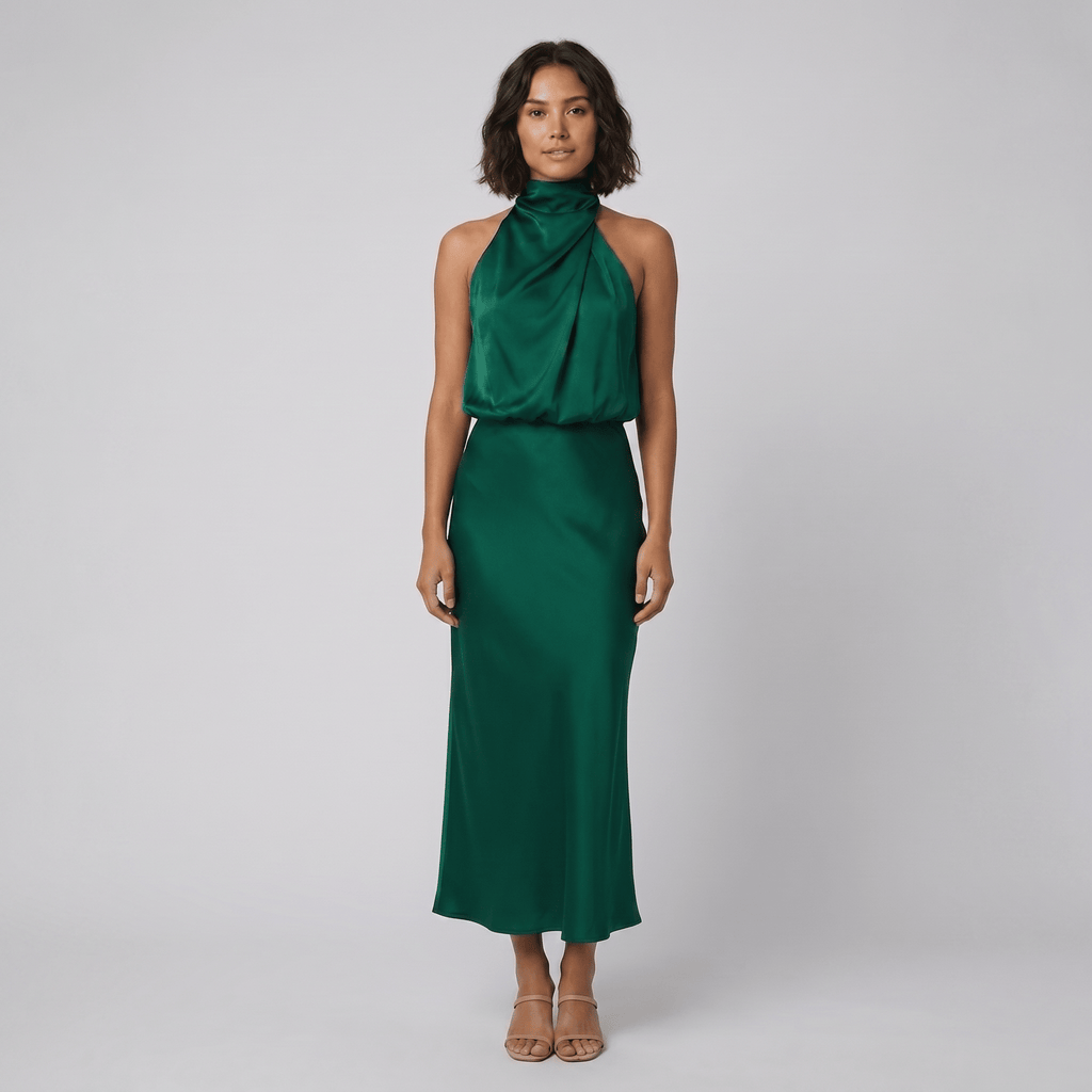 Ombline | Floor-Length Satin Halter Gown by Vera Noir – in green