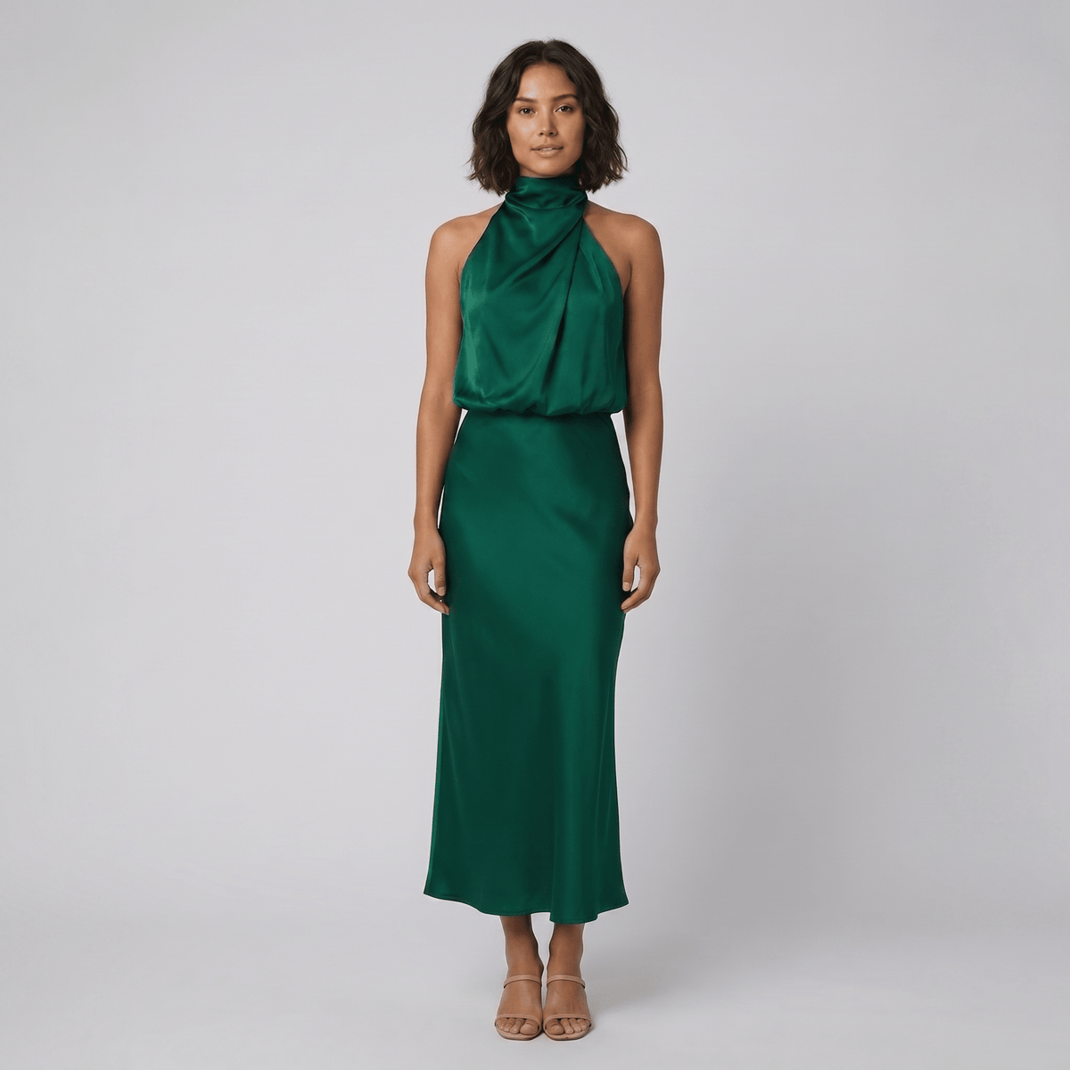 Ombline | Floor-Length Satin Halter Gown by Vera Noir – in green
