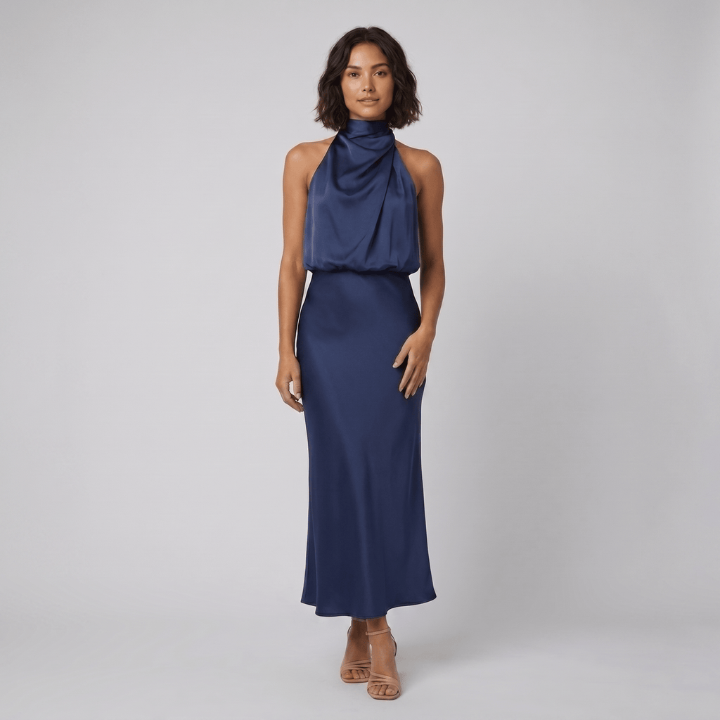 Ombline | Floor-Length Satin Halter Gown by Vera Noir – in navy blue