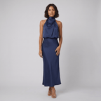 Ombline | Floor-Length Satin Halter Gown by Vera Noir – in navy blue