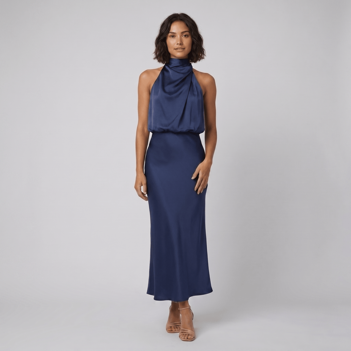 Ombline | Floor-Length Satin Halter Gown by Vera Noir – in navy blue