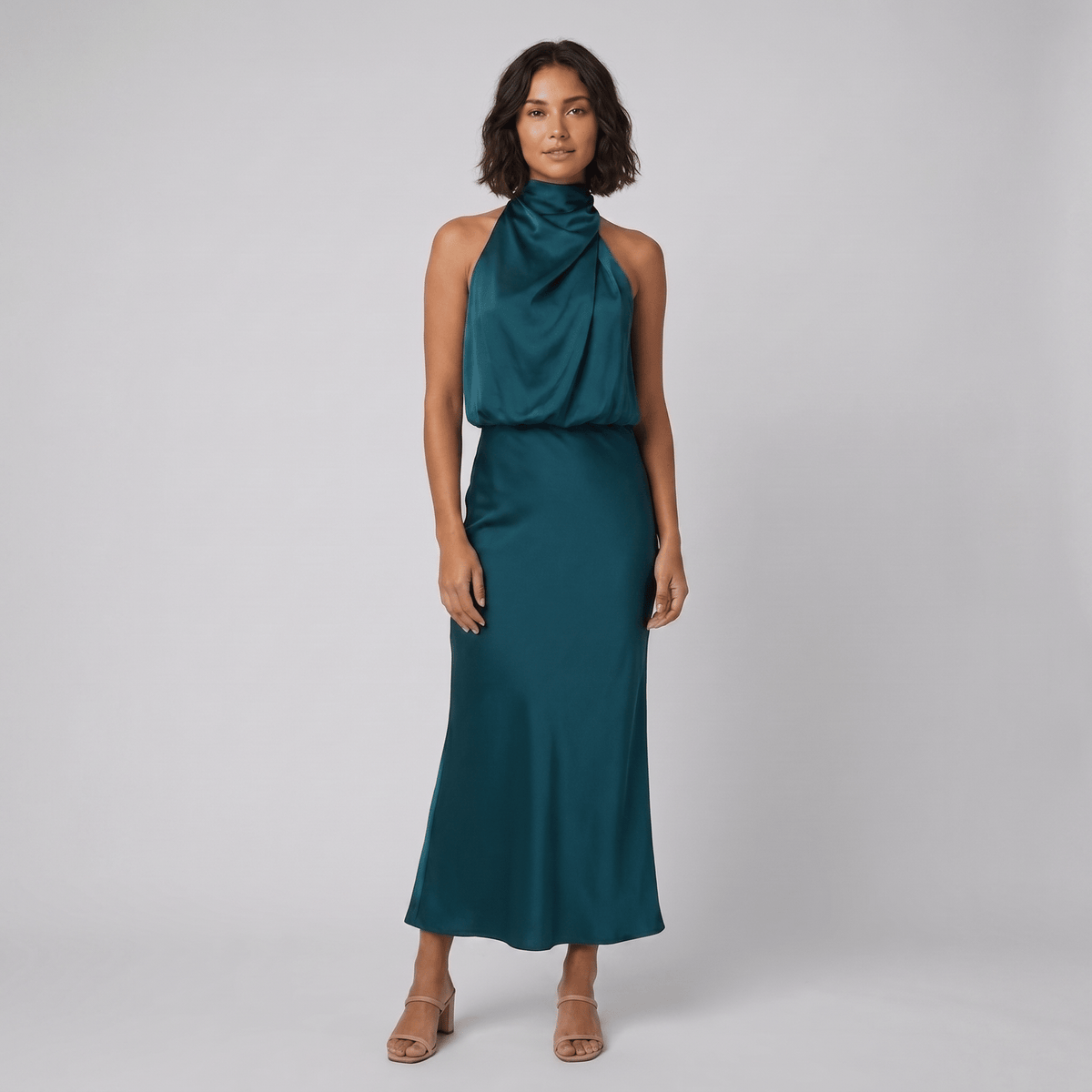 Ombline | Floor-Length Satin Halter Gown by Vera Noir – in pine blue