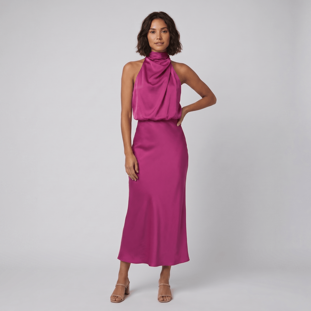 Ombline | Floor-Length Satin Halter Gown by Vera Noir – in pink