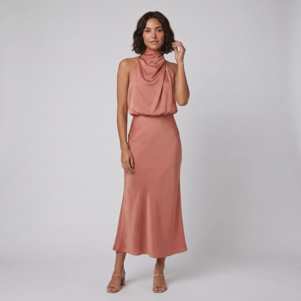 Ombline | Floor-Length Satin Halter Gown by Vera Noir – in salmon