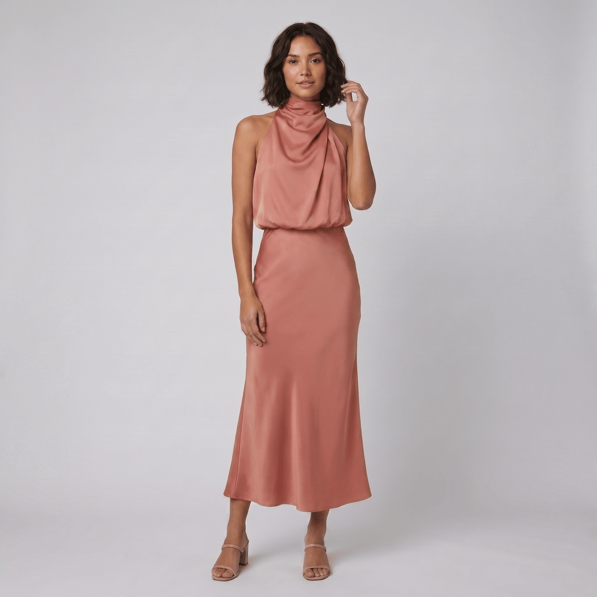 Ombline | Floor-Length Satin Halter Gown by Vera Noir – in salmon