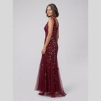 Oriana | Sequin Fishtail Gown by Vera Noir – in burgundy