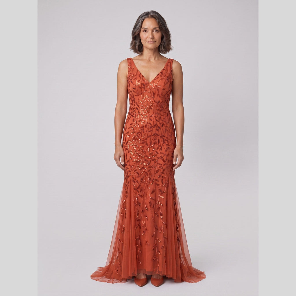Oriana | Sequin Fishtail Gown by Vera Noir – in burnt orange